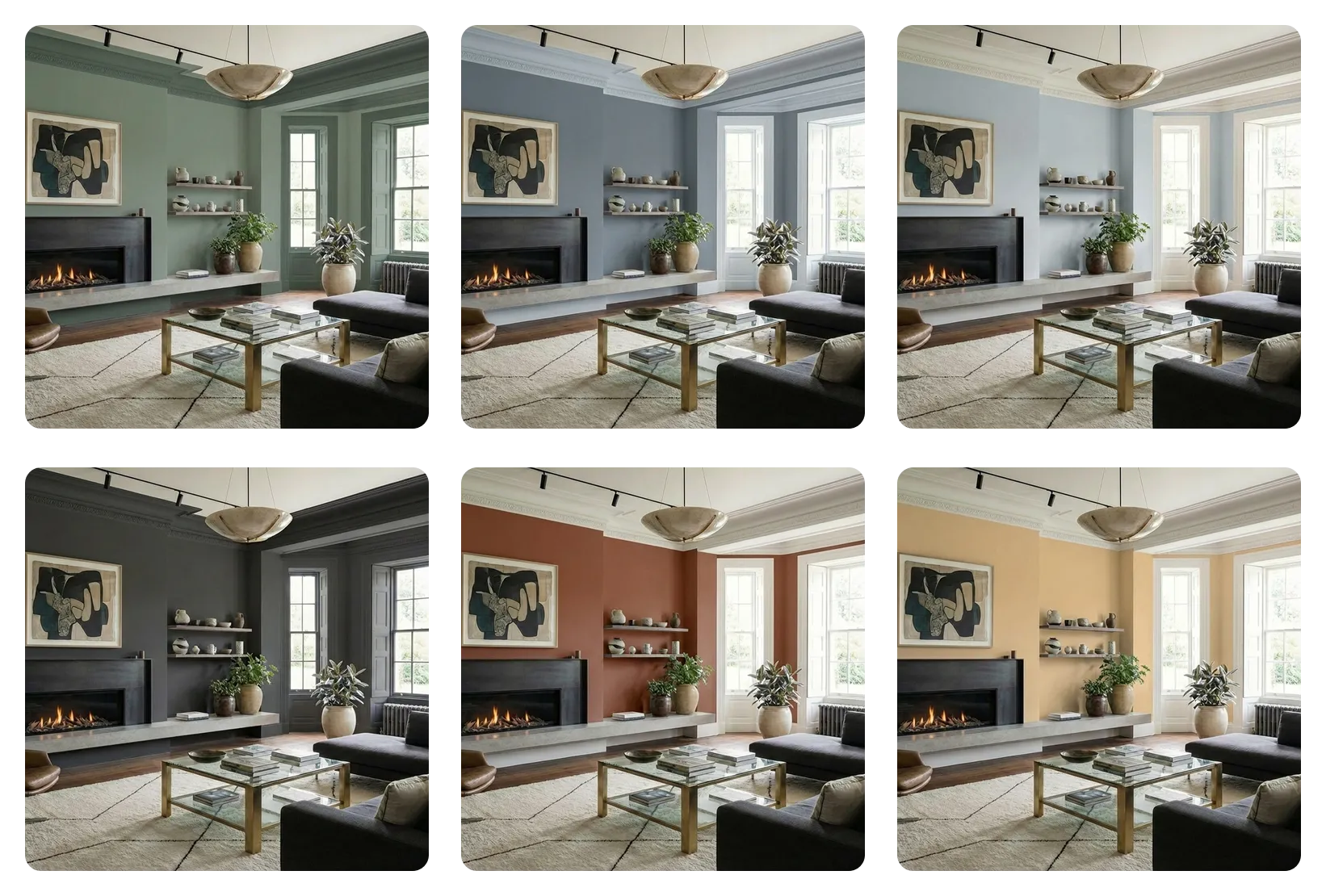 AI paint color visualization showing multiple interior color options